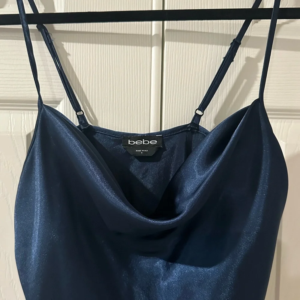 Bebe thin strap, navy blue silk dress, knee length with cowl neck - Picture 3 of 5